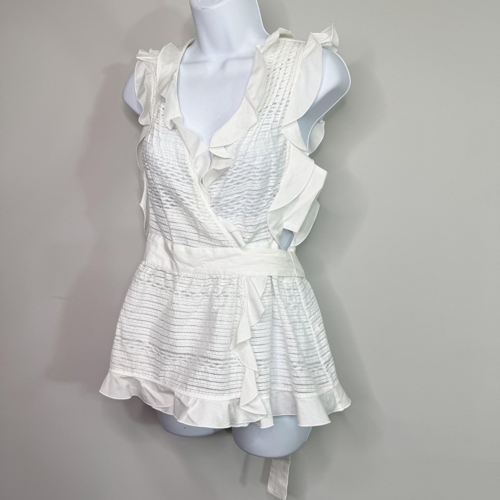 Marissa Webb Top Womens Medium White Ruffle Wrap Sleeveless Made in Japan Cotton